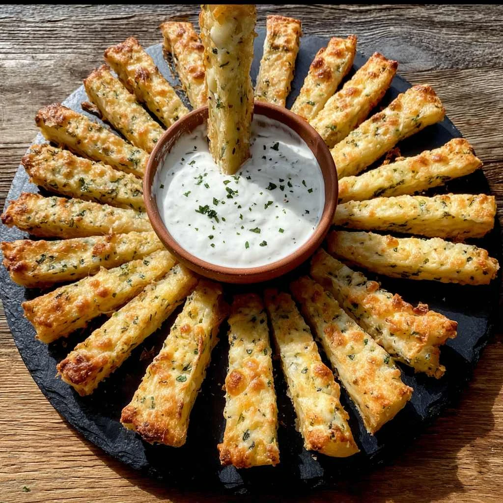Potato Cheese Sticks with Garlic Yogurt Sauce (Oven-Baked)
