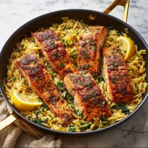 One Skillet Salmon with Lemon Orzo