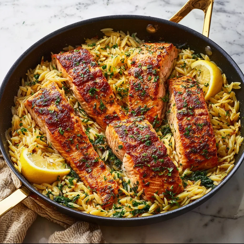 One Skillet Salmon with Lemon Orzo