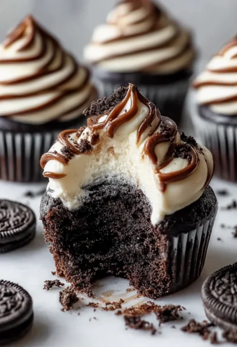 Decadent Fudge Swirled Oreo Bottom Cheesecake Cupcakes