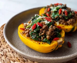 Stuffed Delicata Squash with Venison, Goji Berries & Spinach