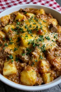Slow Cooker Cheesy Beef and Potato Skillet-Style Casserole