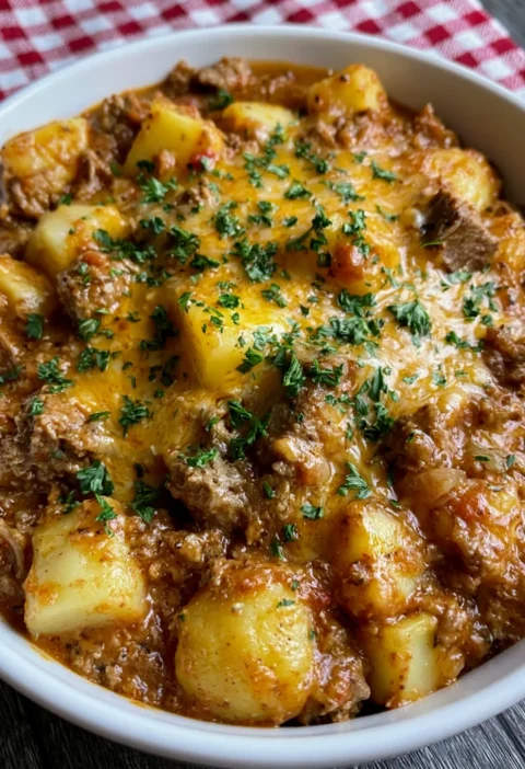 Slow Cooker Cheesy Beef and Potato Skillet-Style Casserole