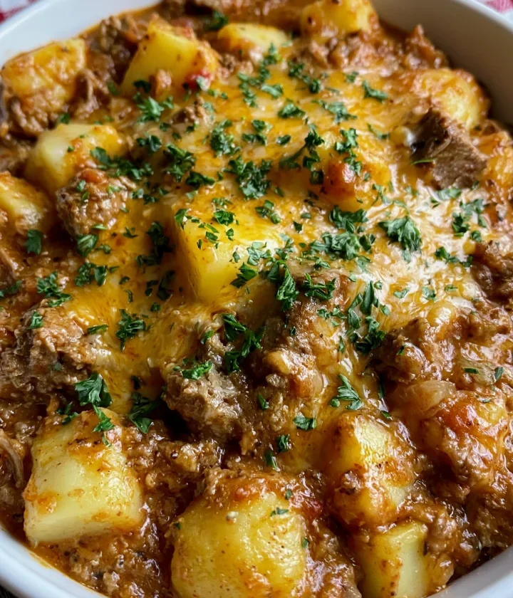 Slow Cooker Cheesy Beef and Potato Skillet-Style Casserole