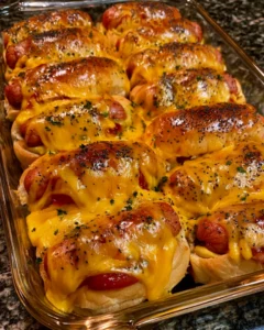 Cheesy Garlic Baked Hot Dogs
