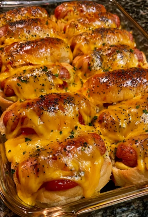 Cheesy Garlic Baked Hot Dogs