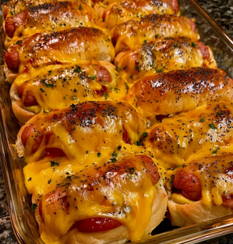 Cheesy Garlic Baked Hot Dogs